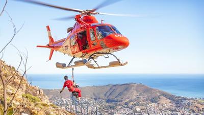 Red helicopter on air ambulance mission