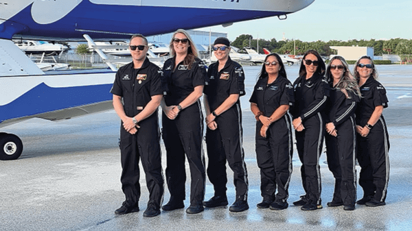 Crew standing in front of plane