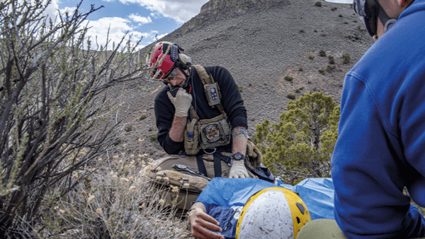 Med crew calling in rescue helicopter