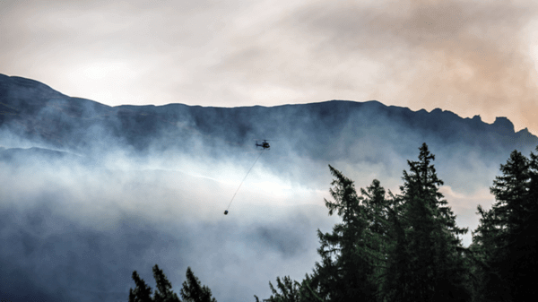 Helicopter putting out forest fire